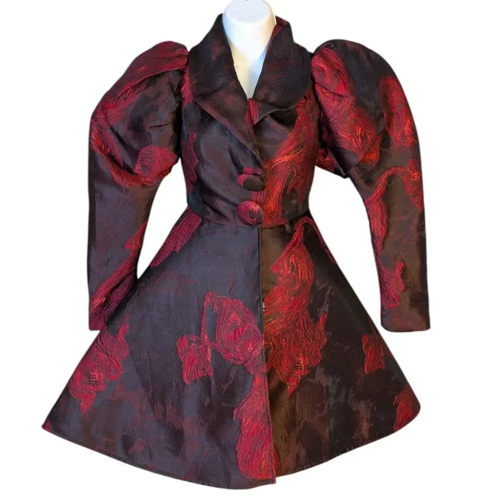 Vintage 80s Issabeau Girls Brocade Party Coat Dress Red Black Jacquard Fit Flare